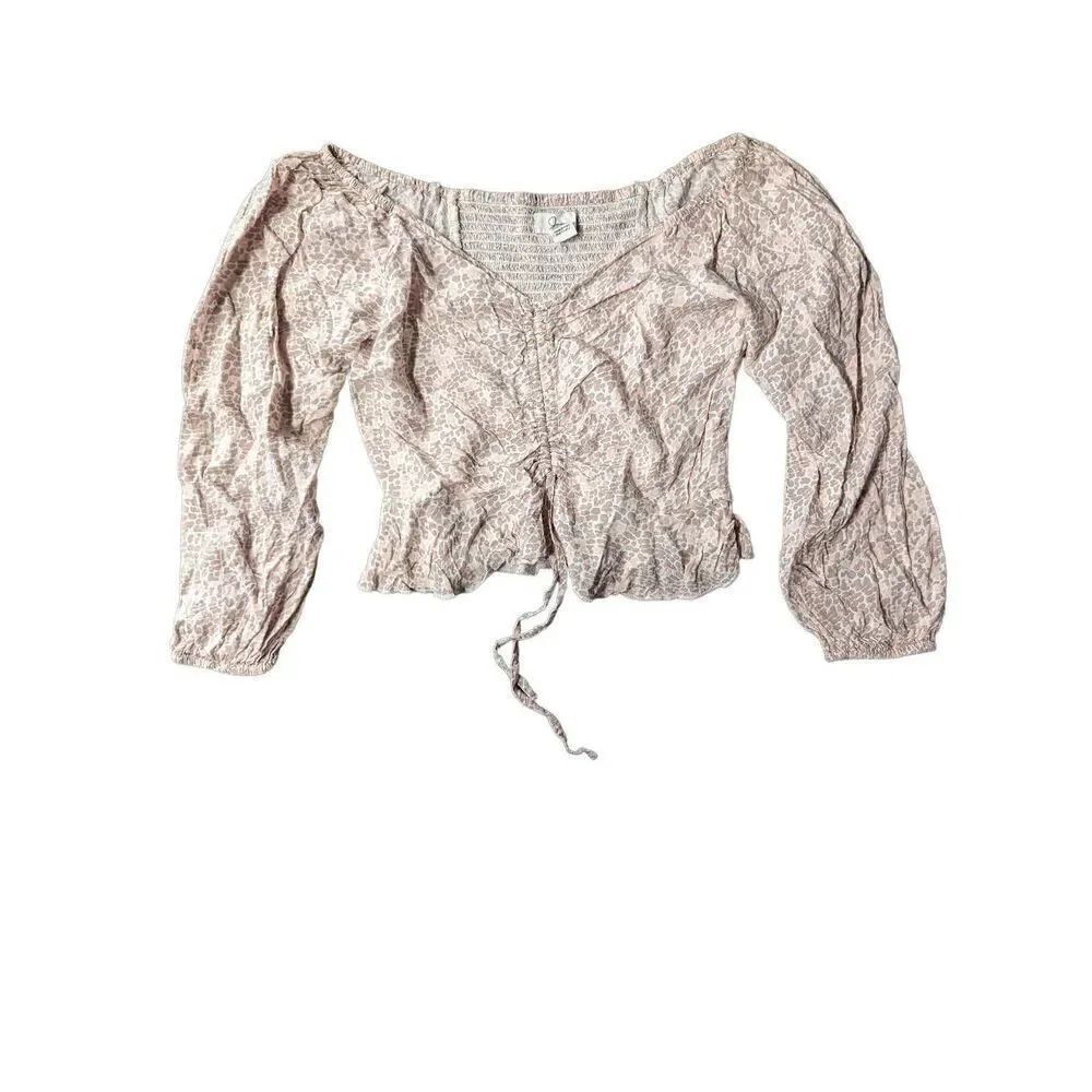 JAPNA Pink Floral Peasant Ruching Detail V-Neck Smocked Stretch Crop Women's S